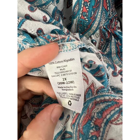 Terra & Sky Blue Paisley Ruffle Sleeve Top Size 2X - Picture 5 of 6